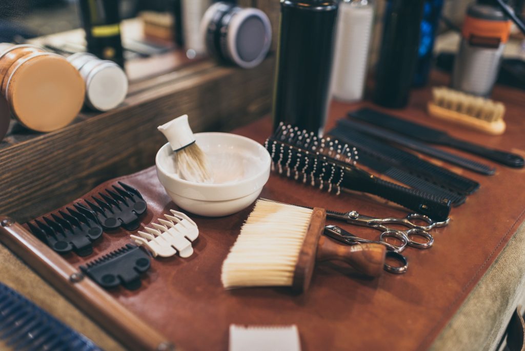 set of professional equipment on barbers workplace